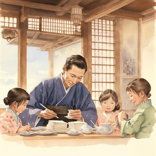 a watercolor children book illustration of a 1950's Japanese dining room, Japanese father wearing a kimono is sitting in a low Japanese dining table and reading a letter, he is looking very angry while reading a letter and there are three kids by his side sitting and looking worried--v 4
