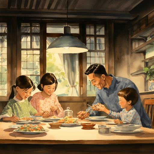 a watercolor children book illustration of a 1950s modest Japanese home dining room, a father is having his dinner late night sitting on the floor in a Japanese dining table while his very sleepy three kids who are girls, are sitting next to him watching the him eat--v 4