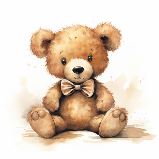 a watercolor children book illustration of a cute teddybear sitting facing front, wearing a white t-shirt and a bow in head