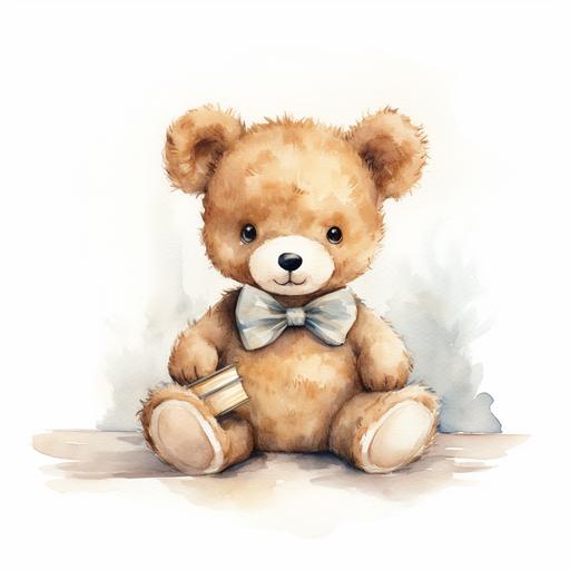 a watercolor children book illustration of a cute teddybear sitting facing front, wearing a white t-shirt and a bow in head