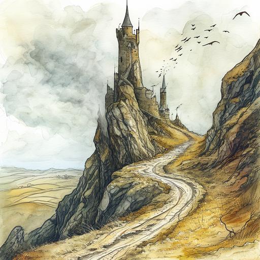 a watercolor drawing of a old castle of the mediaval time, wiht 4 stories, sitting on the top of a high peak of a montaunin. A dusty road winds through the moors, twisting and turning as it follows the high ground. Here, the road skirts the base of a rocky tor, and a badly eroded path branches off. The narrow track climbs the craggy slope in a series of loops. A gloomy looking tower with at least five distinct spires crowns the tor. A few raucous birds soar and circle around the highest spire. The path has some deep fissures where rainwater has scoured the surface. There also are many patches of loose gravel that has washed down from above. The conditions make climbing the path unpleasant, but not hazardous . D&D style --v 6.0