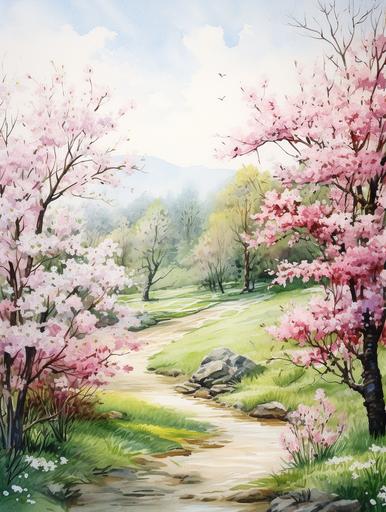 a watercolor illlustration of an spring landscape flowers, trees, animals, nature --ar 3:4 --v 5.2