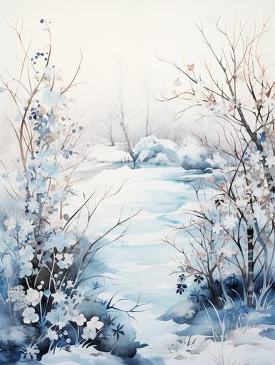 a watercolor illlustration of an winter scene wiyh flowers, trees, animals, nature --ar 3:4 --v 5.2