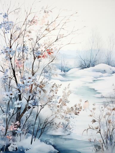 a watercolor illlustration of an winter scene wiyh flowers, trees, animals, nature --ar 3:4 --v 5.2