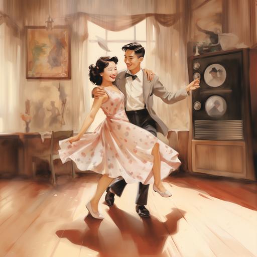 a watercolor illustration of a Asian girl age 17 happily dancing the jitterbug wearing a black and white saddle shoes and a 1950’s dress, and her partner is a Asian male age 18, in a vintage dance hall background