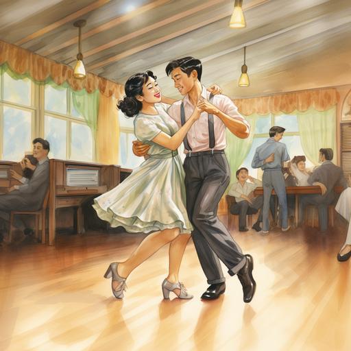 a watercolor illustration of a Asian girl age 17 happily dancing the jitterbug wearing a black and white saddle shoes and a 1950’s dress, and her partner is a Asian male age 18, in a vintage dance hall background