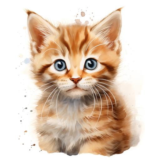 a watercolor illustration of a cute kitten facing front in white background