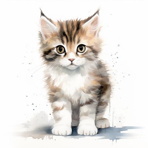 a watercolor illustration of a cute kitten facing front in white background