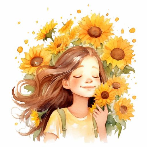 a watercolor illustration of a girl smelling sun flowers, cartoon style