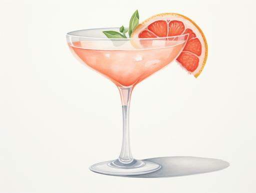 a watercolor illustration painting of a champagne coupe glass margarita with ruby red grapefruit wedge on rim and basil sprigs, salt on the rim, in the style of light pink and gray, dark white and light orange, exacting precision, leica cl, grit and grain, ambitious, simple --ar 4:3