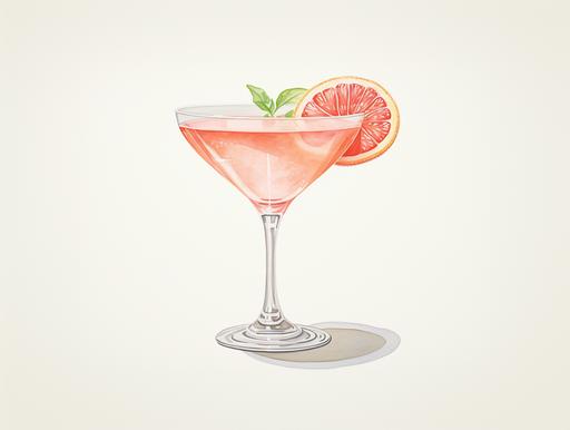 a watercolor illustration painting of a champagne coupe glass margarita with ruby red grapefruit wedge on rim and basil sprigs, salt on the rim, in the style of light pink and gray, dark white and light orange, exacting precision, leica cl, grit and grain, ambitious, simple --ar 4:3