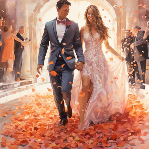 a watercolor inspired painting portrait of a woman walking down and aisle of orange, pink and red rose petals, toward the wedding altar with her husband to be emotionally watching her walk down the aisle. beautiful colors, sony a7iii, realistic, lace mermaid style wedding dress, happy guest blurred in background