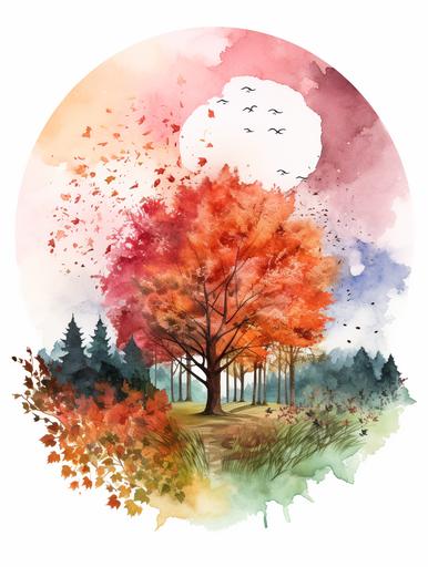 a watercolor logo of an autumn landscape represented in different seasons, flowers, trees, animals, nature --ar 3:4 --v 5.2