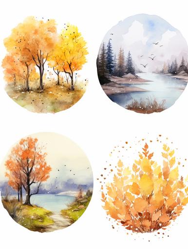 a watercolor logo of an autumn landscape represented in different seasons, flowers, trees, animals, nature --ar 3:4 --v 5.2