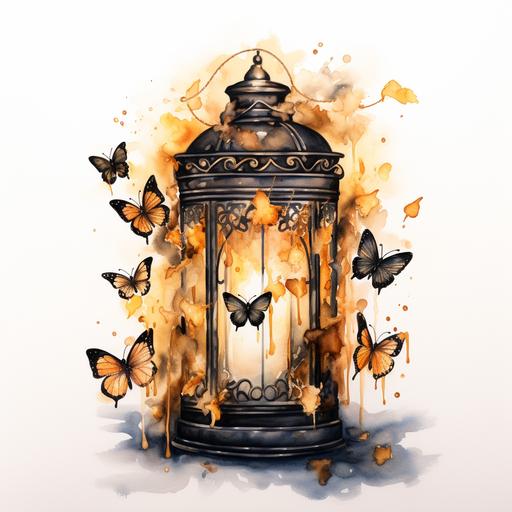a watercolor painting of a lantern with butterflies, video animation, golden colors, on a canva, fear steams where instinct fails, dark lit candles, connecting life, elegant intricate, broken gold shackles, photo of, gatekeeper, well-lit, avatar image, watercolor, white background