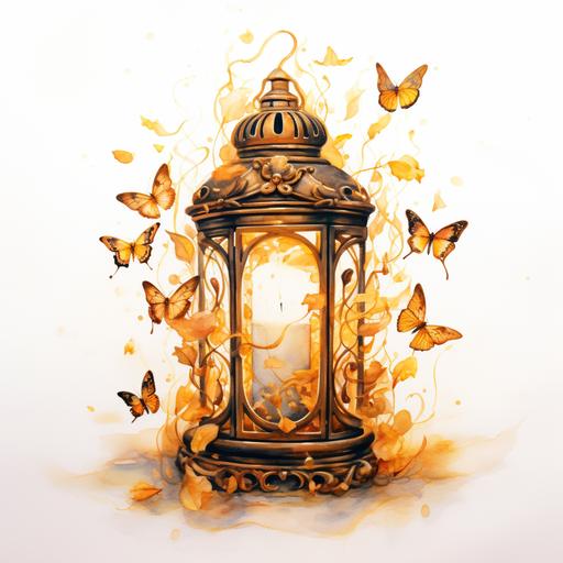 a watercolor painting of a lantern with butterflies, video animation, golden colors, on a canva, fear steams where instinct fails, dark lit candles, connecting life, elegant intricate, broken gold shackles, photo of, gatekeeper, well-lit, avatar image, watercolor, white background