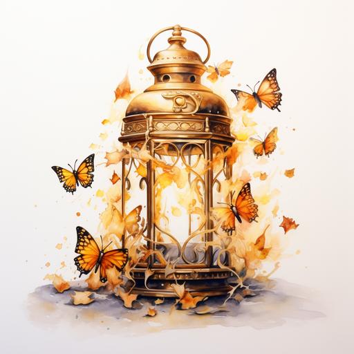 a watercolor painting of a lantern with butterflies, video animation, golden colors, on a canva, fear steams where instinct fails, dark lit candles, connecting life, elegant intricate, broken gold shackles, photo of, gatekeeper, well-lit, avatar image, realistic, watercolor, white background, 8k