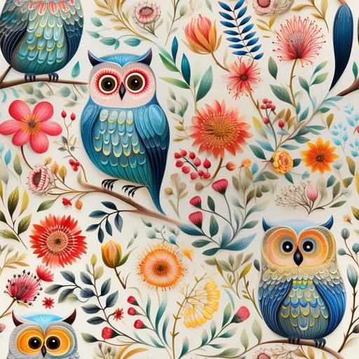 a watercolor painting of owls by Annabel Kidston, trending on pinterest, folk art, seamless pattern, wallpaper, detailed painting, --tile --ar 1:1 --stylize 400
