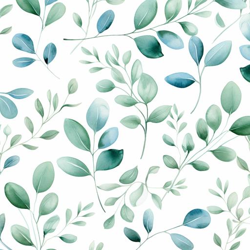 a watercolor pattern made by hand with eucalyptus leaves, in the style of light teal and light white, the aesthetic movement, i can't believe how beautiful this is, white and green, delicate pencil sketches, multiple patterns, white background