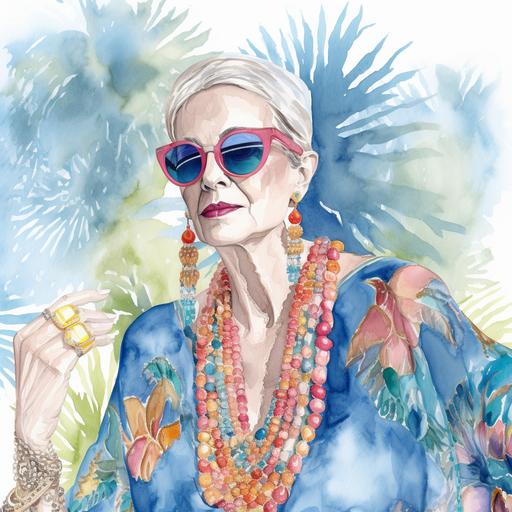 a watercolored pencil illustration of a stylish elderly woman with large sunglasses, costume jewlery and wearing a tropical print kaftan at a pool party in Palm Springs --v 5