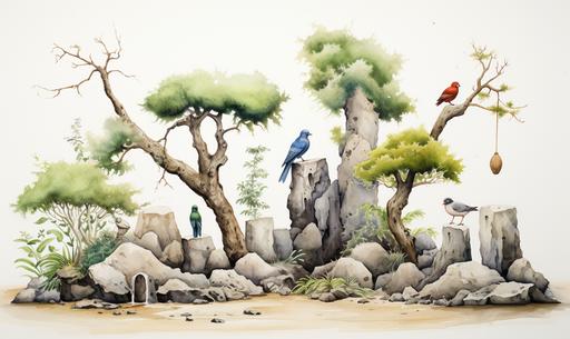 a watercolour painting of a minimalist and strict Zen garden of gravel, mystical stone statues and one old tree with a thick white rope around the thick stem, in the tree and on the staties there are three large parrots with exquisite and colourful plumage, artistic, tranquil and detailed --ar 5:3