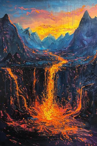 a waterfall on fire, mountains in the background, sunset, painting in the stlye of Van Gogh, --ar 2:3 --v 6.0