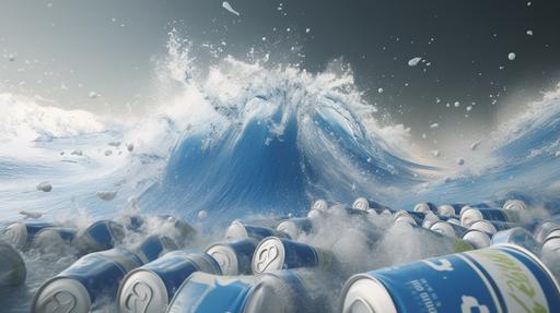 a wave of mostly blue, with some white, beer cans crashes into another wave of mostly white, with some blue, beer cans. hyper realistic --ar 16:9 --v 5