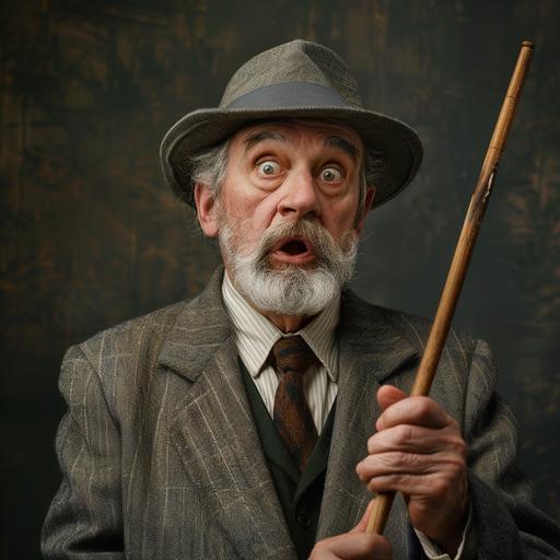 a wealthy upper class elder gentleman looking baffled while holding a wooden stick in his hands