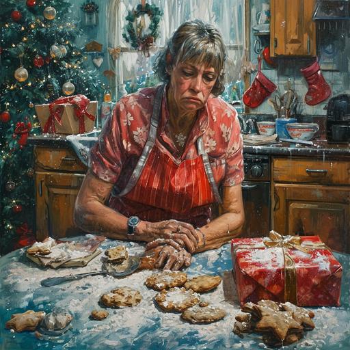 a weary-looking mother in a chaotic kitchen scene, capturing the essence of exhaustion from trying to plan the perfect Christmas. She is surrounded by half-decorated cookies, with flour scattered messily on the floor. The kitchen table is cluttered, showcasing a pile of unwrapped Christmas presents amidst the baking chaos. The mother is depicted with an expression of tiredness & sadness, yet a hint of joy, emphasizing the love behind her efforts. The kitchen should have a warm, homely feel, with Christmas decorations visible in the background --v 6.0