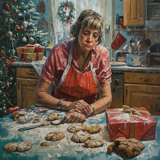a weary-looking mother in a chaotic kitchen scene, capturing the essence of exhaustion from trying to plan the perfect Christmas. She is surrounded by half-decorated cookies, with flour scattered messily on the floor. The kitchen table is cluttered, showcasing a pile of unwrapped Christmas presents amidst the baking chaos. The mother is depicted with an expression of tiredness & sadness, yet a hint of joy, emphasizing the love behind her efforts. The kitchen should have a warm, homely feel, with Christmas decorations visible in the background --v 6.0