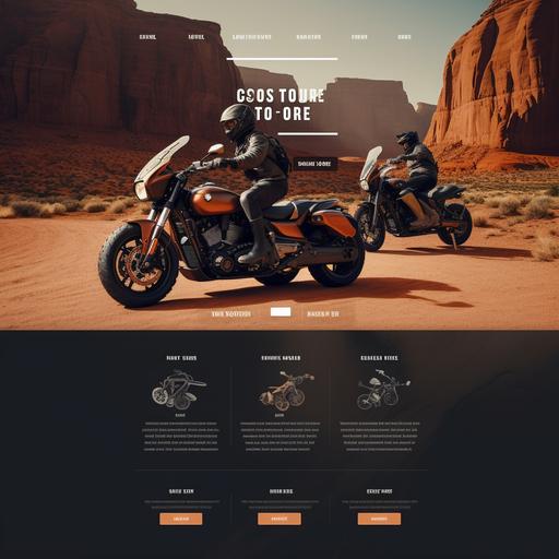 a website landing page that is use for selling a touring motorcycle. The landing page has an interactive interface that allows the user to enter their weight, height and desired type or riding (long distance/scenic, short and fast in the city). The top part of the landing page has images of average looking women on bikes. The women have different body types and skin colors. Then there is a section for bike parts that are recommended adaptations including handle bar height and seat postion. The final part of the page has a map and details for a local dealer who has that bike in inventory and can schedule a test ride. 940x1800 pixels in demension. Have the landing page design appear in black and white colors with a touch of orange. Have it feel modern, clean and easy to navigate. Should feel similar to a CB2 website