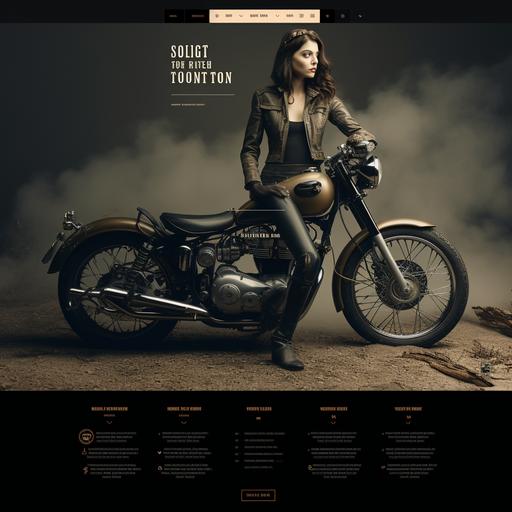 a website landing page that is use for selling a classic motorcycle. The landing page has an interactive interface that allows the user to enter their weight, height and desired type or riding (long distance/scenic, short and fast in the city). The top part of the landing page has images of women on bikes. The women have different body types and skin colors. Then there is a section for bike parts that are recommended adaptations including handle bar height and seat postion. The final part of the page has a map and details for a local dealer who has that bike in inventory and can schedule a test ride. 940x1800 pixels in demension. Have the landing page design appear in black and white colors with a touch of orange. Have it feel modern, clean and easy to navigate. Should feel similar to a CB2 website