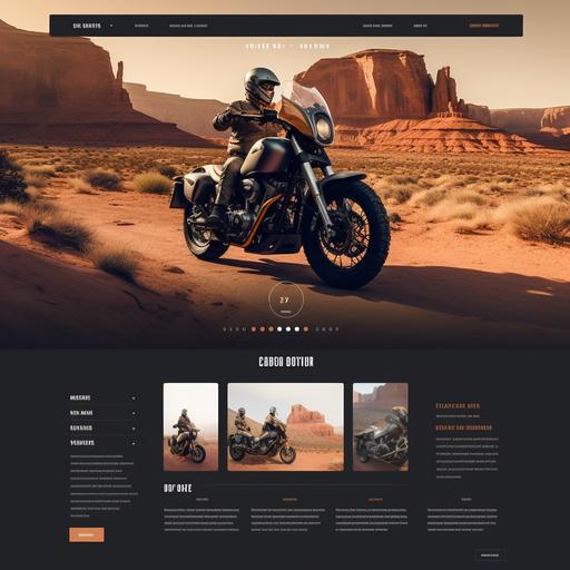 a website landing page that is use for selling a touring motorcycle. The landing page has an interactive interface that allows the user to enter their weight, height and desired type or riding (long distance/scenic, short and fast in the city). The top part of the landing page has images of average looking women on bikes. The women have different body types and skin colors. Then there is a section for bike parts that are recommended adaptations including handle bar height and seat postion. The final part of the page has a map and details for a local dealer who has that bike in inventory and can schedule a test ride. 940x1800 pixels in demension. Have the landing page design appear in black and white colors with a touch of orange. Have it feel modern, clean and easy to navigate. Should feel similar to a CB2 website
