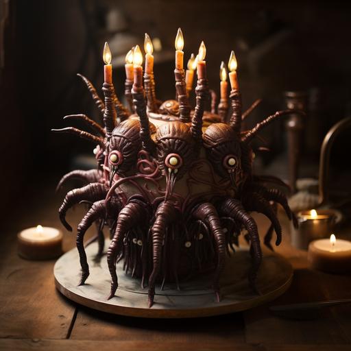 a weird alien cake with many legs and eyes haunting the viewer photorealistic, with many iron nails hammered into it