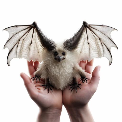 a weird fuzzy pet with human hands and a fungus pattern on its body, bat wings, white background