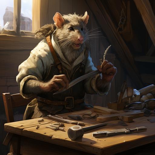 a wererat carpenter who made furniture before getting mixed in with the wererats mob; he ratted them out and currently is in witness protection – shipping is an easy excuse to be out of the country. He has two rats that help chew to shape his wood, or hang out on his shoulder. He always has a few nails hanging out on his mouth like toothpicks; in combat, he uses nails like darts.