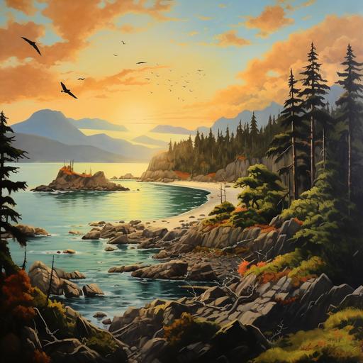 a west coast ocean bay with trees and rocks and kelp with mountains and eagles in the sky