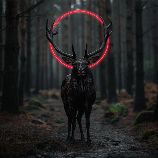 a wet black deer, massive black ten point antlers, a large neon red halo behind its head, standing in a dark scary forest on an abandoned road, photograph, portrait, photo realism, 85 mm lens, forest lighting, --v 6.0 --style raw