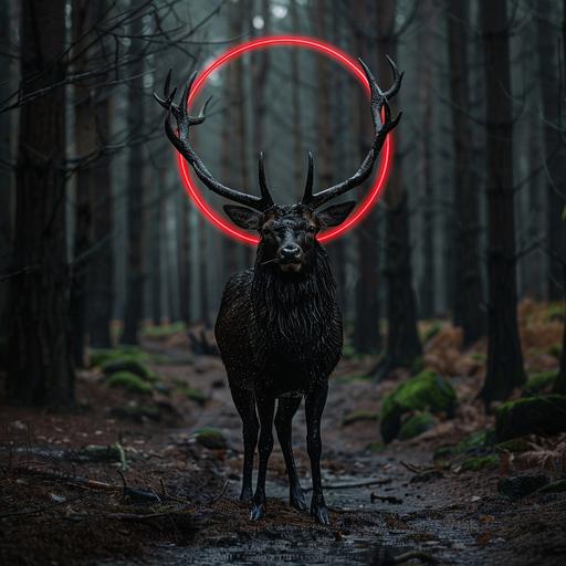 a wet black deer, massive black ten point antlers, a large neon red halo behind its head, standing in a dark scary forest on an abandoned road, photograph, portrait, photo realism, 85 mm lens, forest lighting, --v 6.0 --style raw