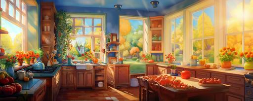 a whimsical scene viewpoint from inside bright family kitchen, showing a drawer beside sink open, under sink cabinet is open, can see inside cabinet , bright sunny day, art style should evoke the charm and wonder of children's book illustrations, vibrant colors, refer to artists like eric carle, beatrix potter and maurice sendak for inspiration, use mediums like water color, ink drawing or colored pencil to bring this enchanting story to life, keep style of links