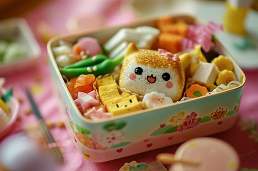 a whimsical, surreal scene where a cute bento box comes to life, playfully attempting to eat its owner. This bento is charmingly animated, with adorable facial features and tiny, harmless teeth. It's filled with colorful, inviting Japanese cuisine, each item almost cartoon-like in appearance. The setting is light-hearted and magical, with soft pastel colors and a dreamy, fairy-tale ambiance surrounding this quirky, playful bento. --ar 3:2 --v 6.0