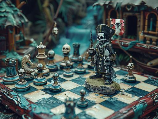 a whimsical tilt shift lens top view photography of a space pirate’s cyberpunk chessboard and chess pieces with pirate symbols, with skulls, Jolly Roger flag, in the style of nikon d850, Spacekrakencore --ar 4:3 --s 250 --style raw
