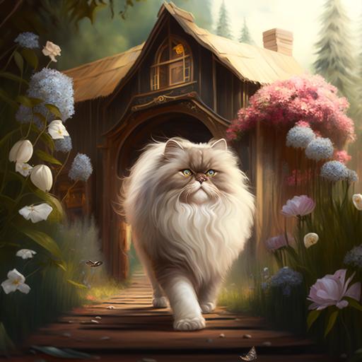 a white & brown persian cat walking towards the wooden house surrounded by trees and beautiful flowers