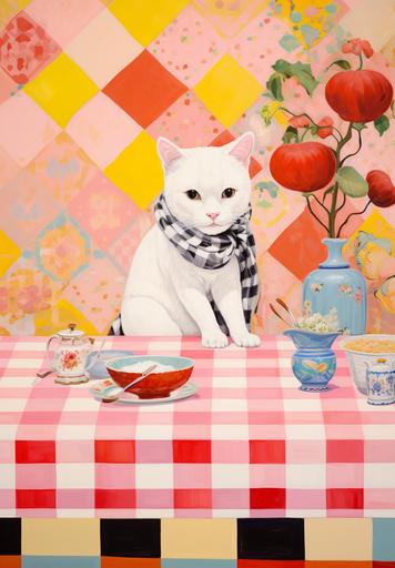 a white 🐯 sits in front of checkered red and white checkered tablecloth, in the style of ferris plock, fairytale-inspired, light yellow and pink, ming dynasty, barroco, jillian tamaki, wallpaper --ar 44:63