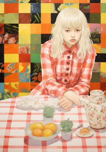 a white 🐯 sits in front of checkered red and white checkered tablecloth, in the style of ferris plock, fairytale-inspired, light yellow and pink, ming dynasty, barroco, jillian tamaki, wallpaper --ar 44:63