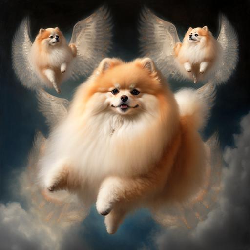 a white and a orange pomeranian dancing in the clouds with da vinci angels
