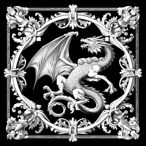 a white and black vector design of a dragon logo, in the style of jan van eyck, glasgow style, hasselblad h6d-400c, english school, frequent use of diagonals, dragon art, nicola samori --v 6.0 --ar 1:1