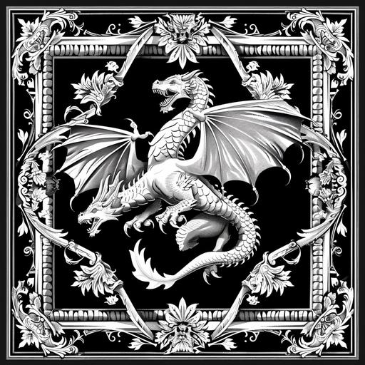 a white and black vector design of a dragon logo, in the style of jan van eyck, glasgow style, hasselblad h6d-400c, english school, frequent use of diagonals, dragon art, nicola samori --v 6.0 --ar 1:1