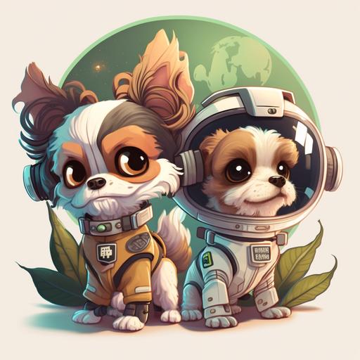 a white and brown shih tzu with a curly coat, and Ash, a white chihuahua with big, pointy ears cartoon Cedar and Ash, best friends they are, Love to explore, near and far glaxies Cedar and Ash, in their space suits bright