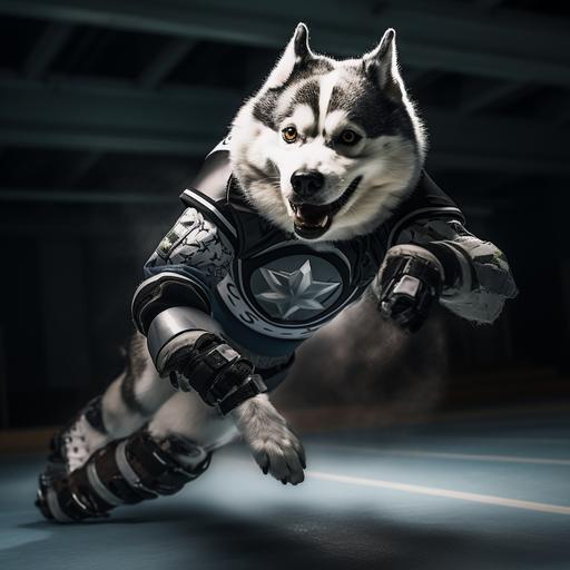 a white and gray husky in a roller derby outfit with a helmet and knee pads zooming around a roller derby track